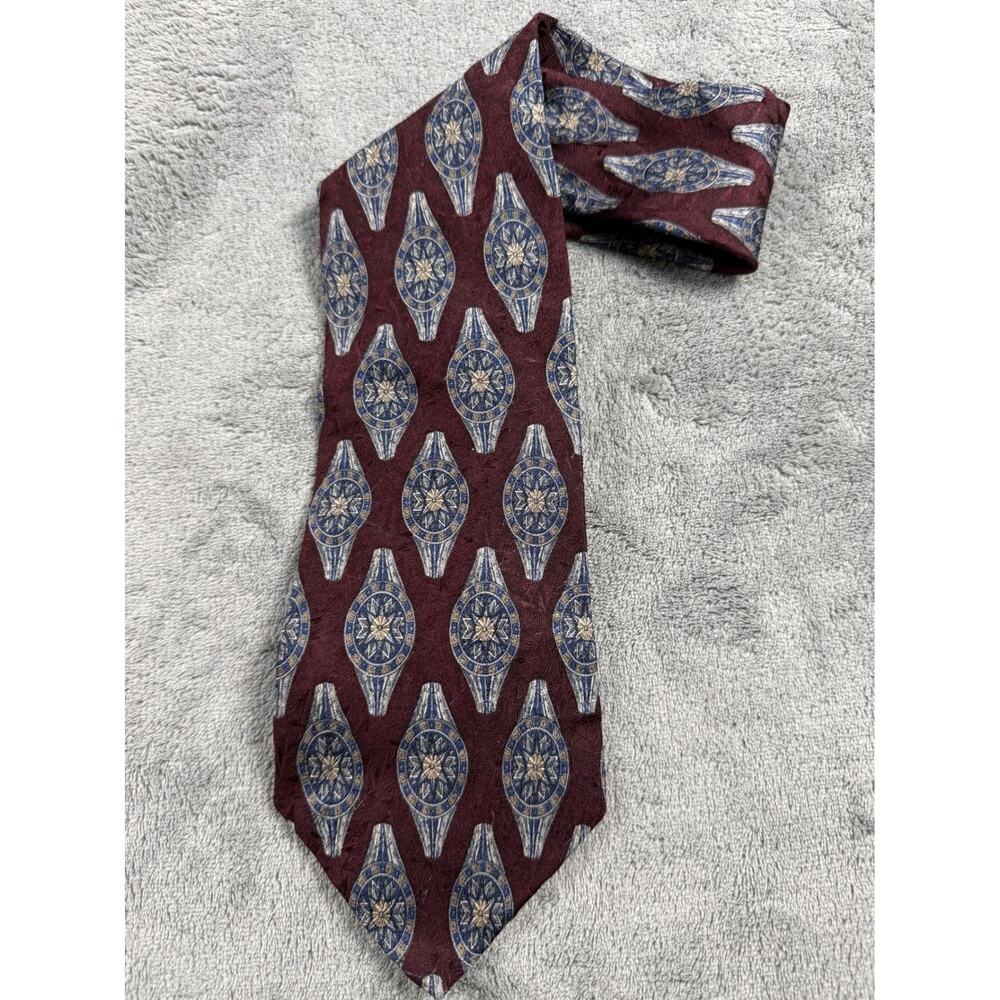 Vintage Silk Necktie Burgundy Blue Compass Medallion Pattern Classic 90s